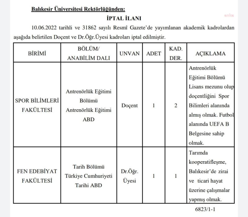 BALIKESİR ÜNİVERSİTESİ’NDEKİ “ADRESE TESLİM” KADRO İPTAL EDİLDİ