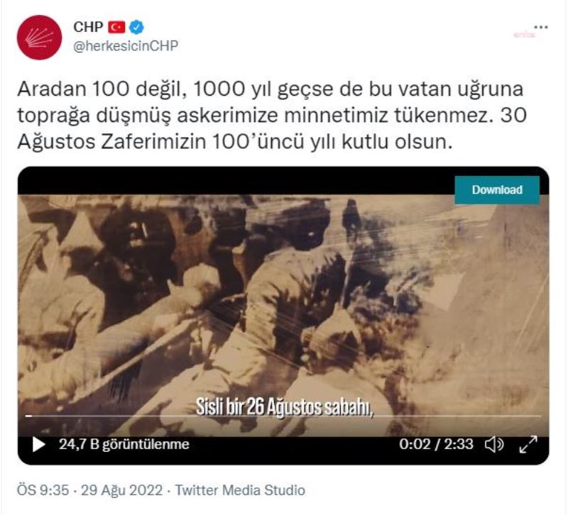 CHP: ARADAN 100 DEGIL 1000 YIL GEÇSE DE BU VATAN UGRUNA TOPRAGA DÜSMÜS ASKERIMIZE MINNETIMIZ TÜKENMEZ