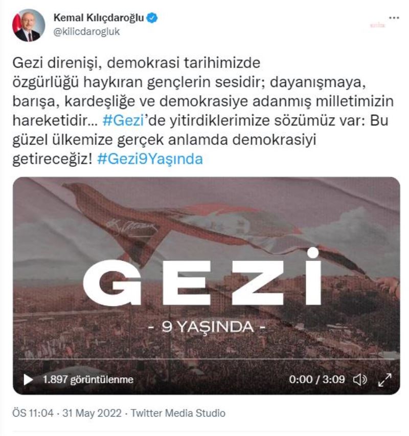 KILIÇDAROĞLU: “GEZİ DİRENİŞİ, DEMOKRASİ TARİHİMİZDE ÖZGÜRLÜĞÜ HAYKIRAN GENÇLERİN SESİDİR